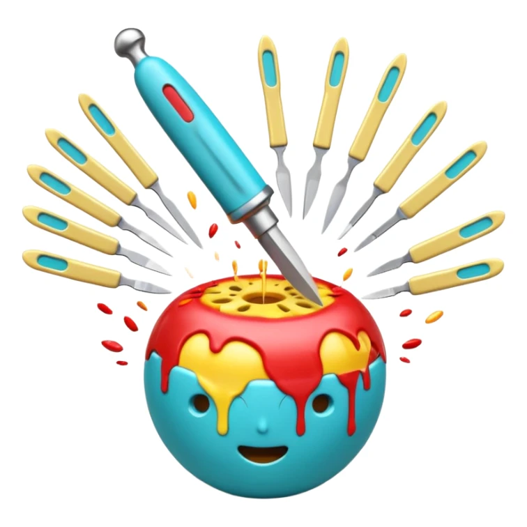 A hyper-realistic surgical scalpel exploding into a vibrant burst of medical and emotional emoji (🩺💉🧬🫀🤕😵✨). Dynamic composition, emoji art style, 3D render, Pop Art. Shallow depth of field, studio lighting, clean pastel background. --ar 16:9 sticker