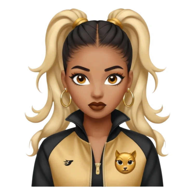 “black Emoji girl, fierce confident expression, sharp black winged eyeliner, bold brows, matte nude lips, long curled lashes, sleek high ponytail, gold hoop earrings, sporty streetwear jacket.” sticker