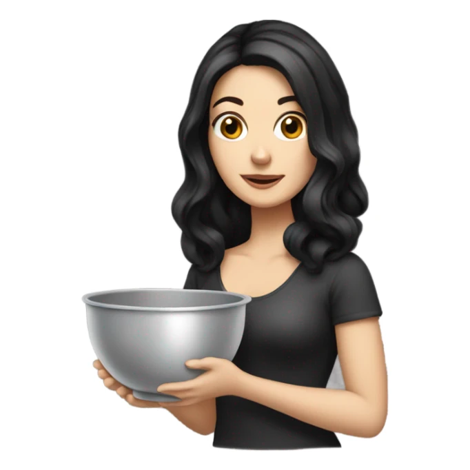 White girl with black hair holding a mixing bowl sticker