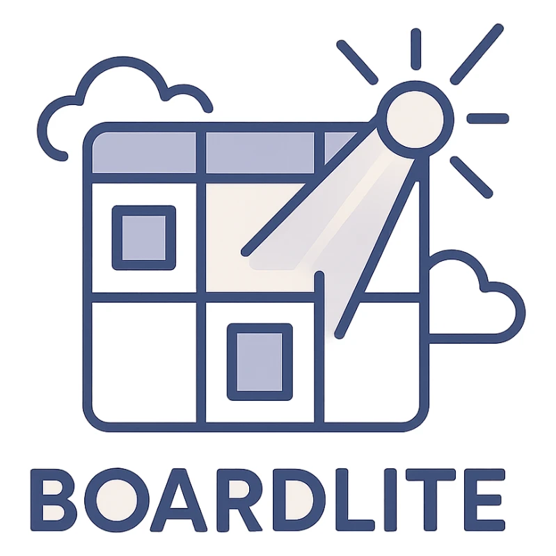 abstract logo for Boardlite app combining elements of a board with grid, card, or panel shapes and light with glow, beam, or illumination, modern minimal tech-inspired style, no person or animal sticker