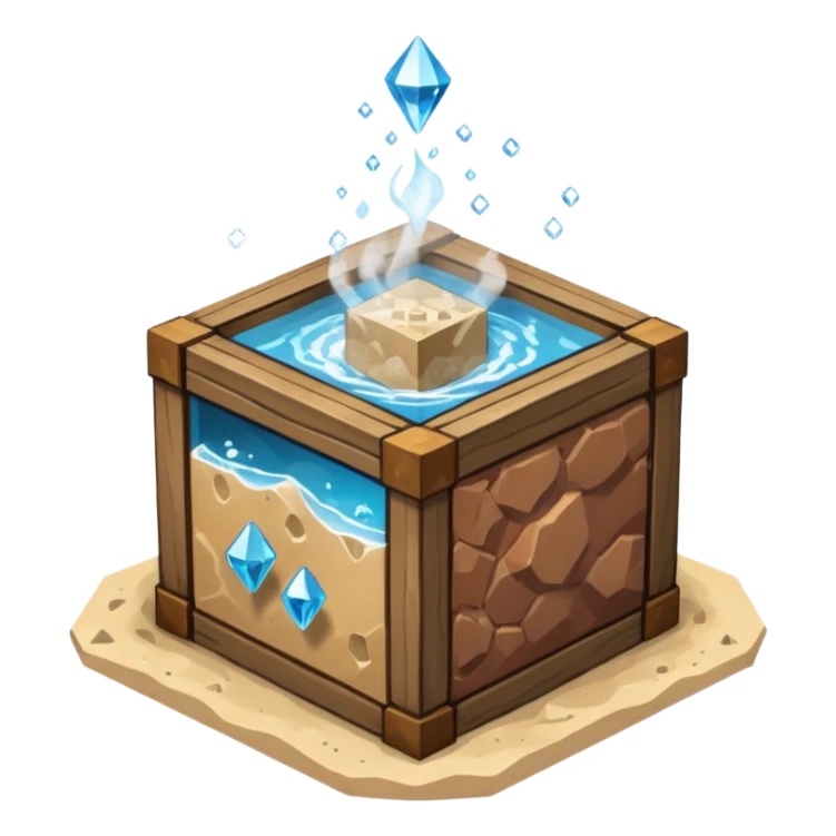 crafting table with tools, stone, wood, glass, sand, steam, water, diamonds... like a minecraft style cube crafting table  sticker