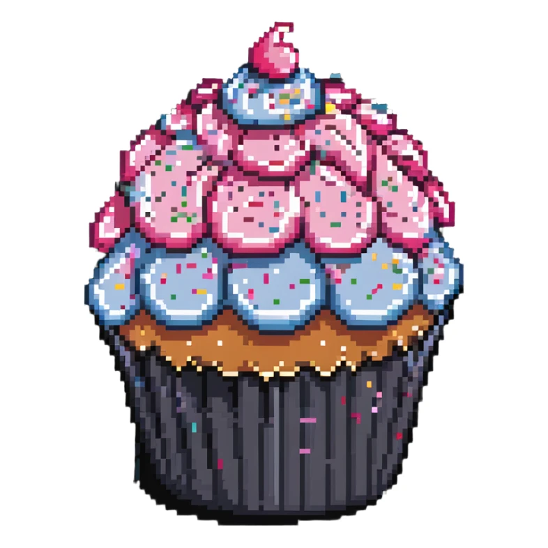 giant cupcake with pink icing and colorful sprinkles in pixel art style sticker