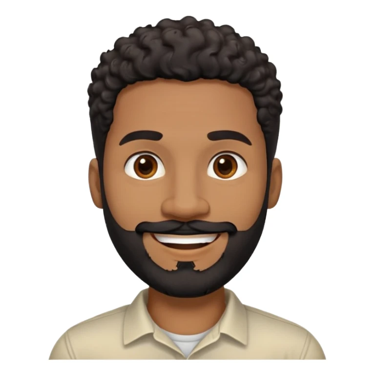 Caribbean man in his early 40s with medium brown complexion. Round friendly face. Energetic expression with wide smile. Cheerful dark eyes. Thick eyebrows. Wide nose. Well-groomed full black beard. Short curly black hair with faded sides. Wearing a cream colored casual shirt. sticker