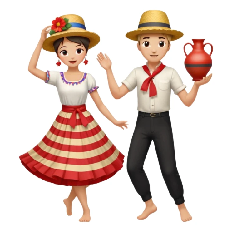 folkloric dancers barefoot man with straw hat white shirt black pants color striped sash dancing with barefoot woman in red folk skirt white blouse updo hair flower headdress balancing pottery vase on her head sticker