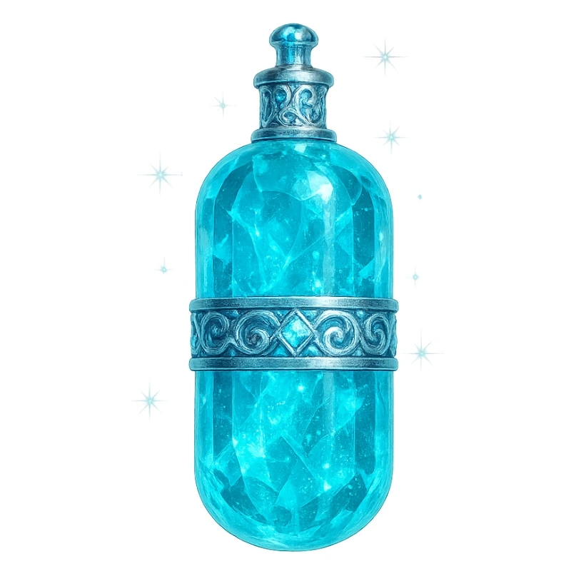 luxurious crystal elixir bottle in capsule (tablet) shape, cyan color, ornate silver and iridescent details, maximum magical glowing and sparkling effects, very small neck, seamless bottom, transparent background, bottle clearly floating in air, no base or shadow, modern, collection style sticker