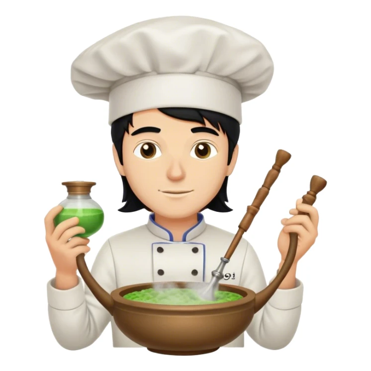 A white guy with black hair packing a hookah bowl with a chef hats  sticker