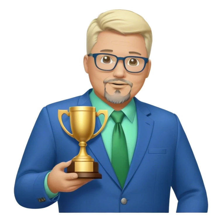 Full Body white middle aged male plus size wearing glasses with a goatee with light blonde and gray very short hair basketball head Coach in blue and green suit holding trophy sticker
