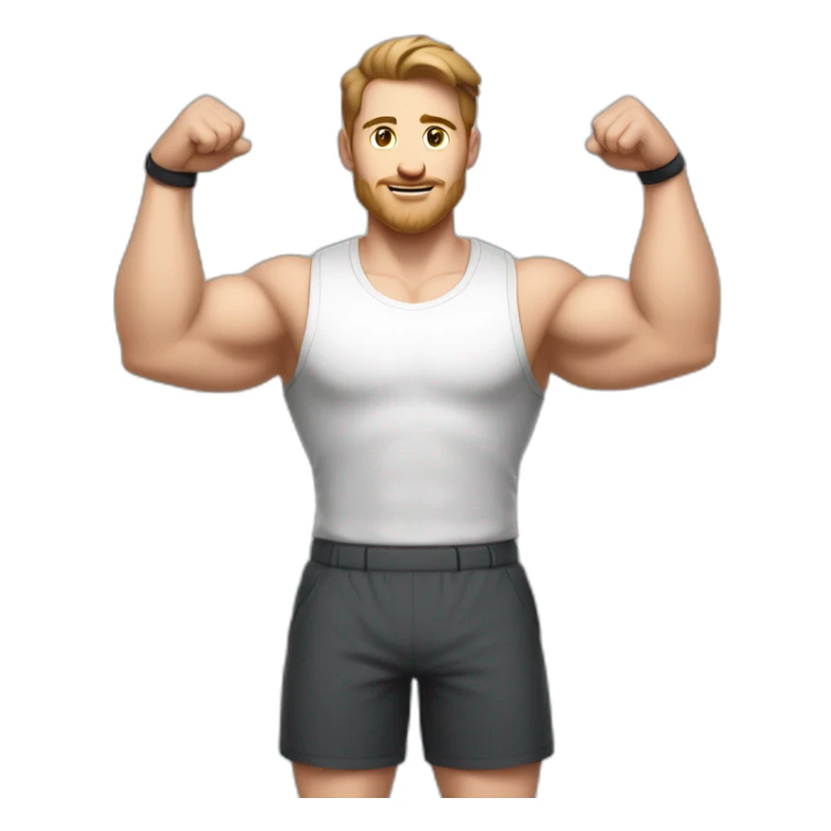 Full height Actively gesturing with hands Pale skinned Fit Man With the biceps and brown hair in dark gray Sleeveless Mike, black oversize sports shorts, watch and white Sneakers sticker