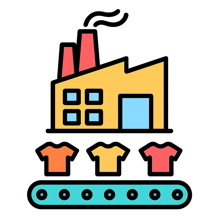 factory icon, multiple garments, production line, professional yet approachable sticker
