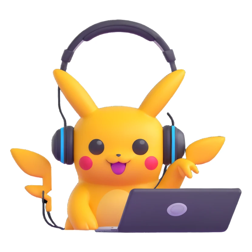 Pokémon character with headphones, editing video on a computer, cheerful expression sticker