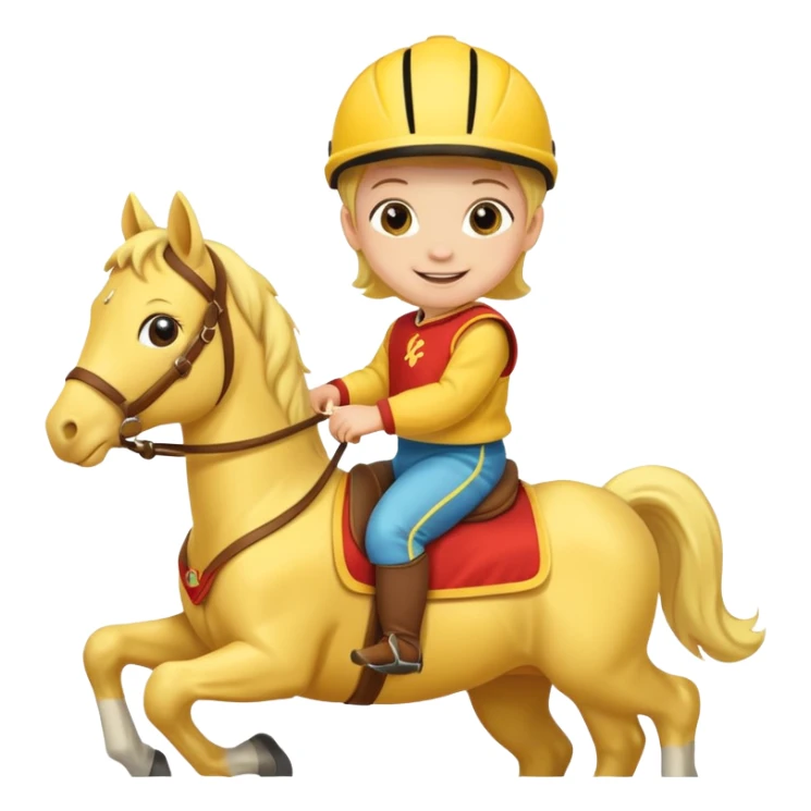 baby riding horse wearing racing cloth yellow sticker