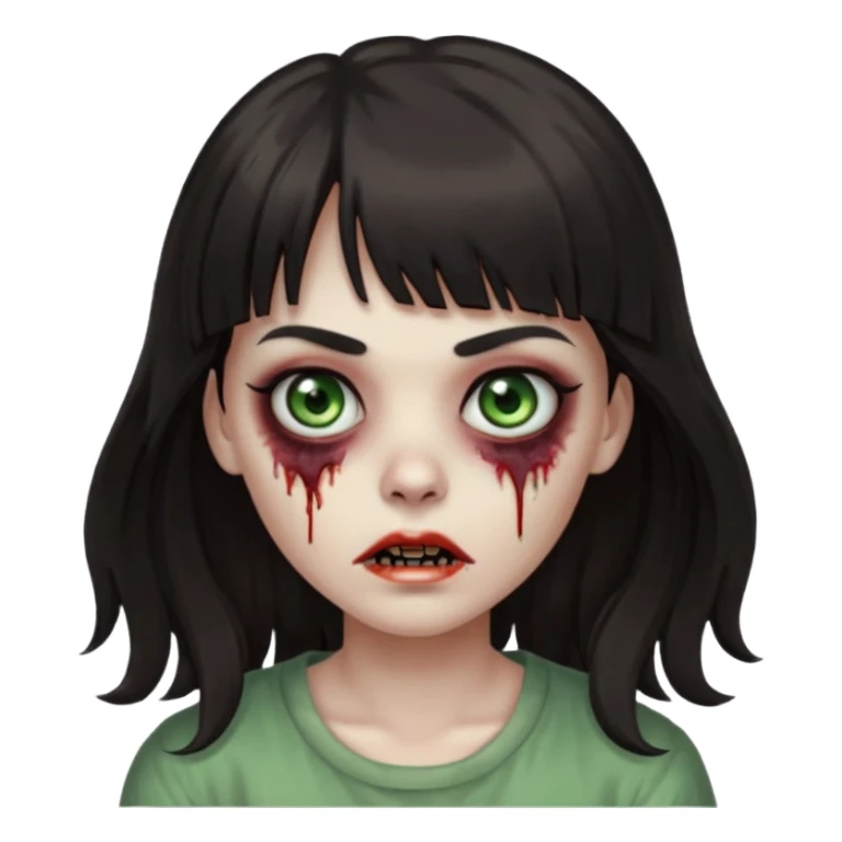 Zombie girl, with bangs above her eyebrows, her dark hair, thin eyebrows. Long hair and Wavy sticker