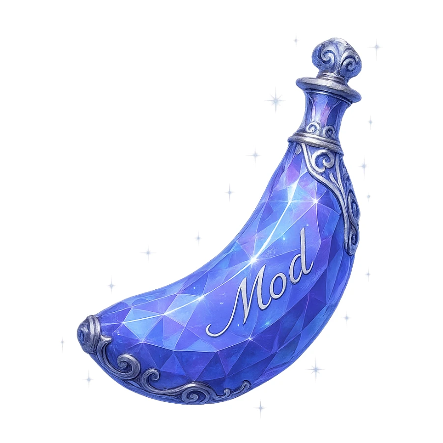 luxurious crystal elixir bottle in banana shape, color #7986cb, ornate silver and iridescent details, magical glowing and sparkling effects, very small neck, seamless bottom, bottle clearly floating in air, no base or shadow, modern, collection style, the word 'Mod' written on the bottle sticker