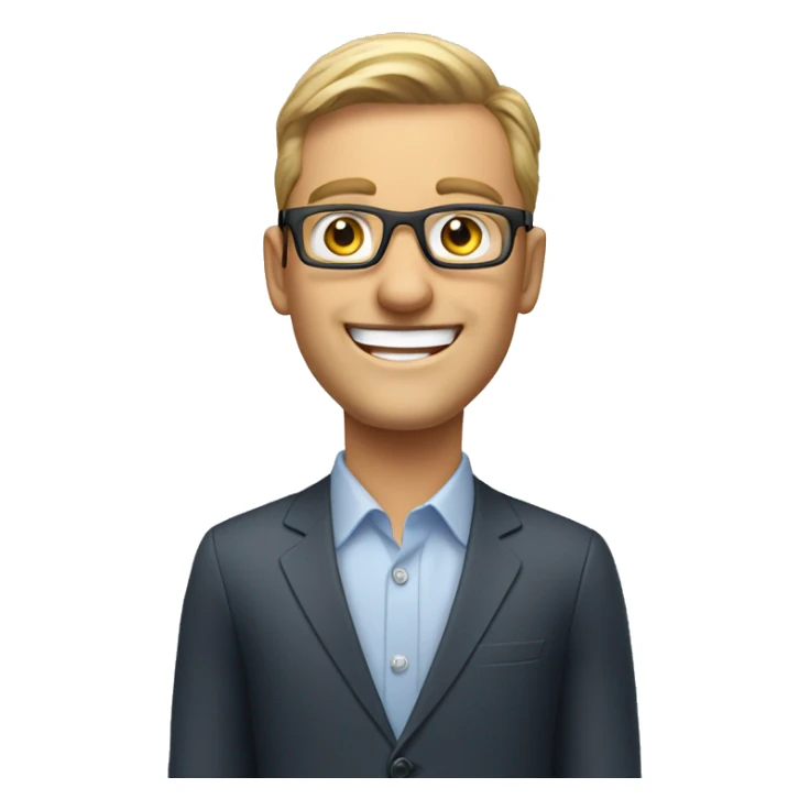 white male sales call agent wearing opticals smiling and welcoming sticker