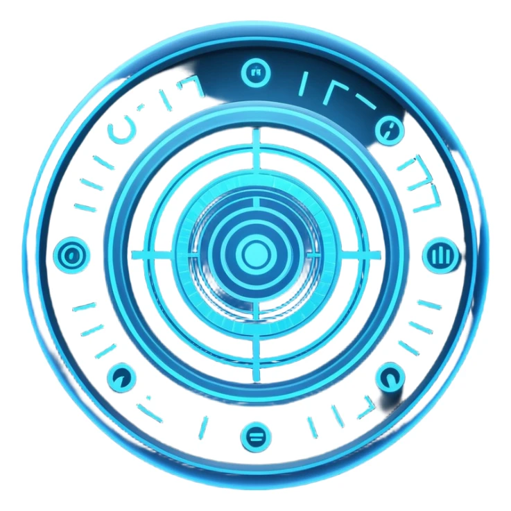 A circular blue holographic interface made of concentric rings, glowing tick marks, and data arcs, with the text “J.A.R.V.I.S.” centered, resembling a futuristic digital HUD floating in space. sticker