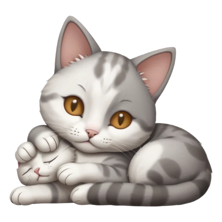 grey and white small cat with eyes closed lying down with its head resting own paw sticker