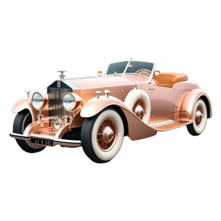 Bare bones streamlined stripped down hot rodded inlaid rose gold and wood accentuated sporty 1932 Rolls Royce with futuristic electric spaceship plasma neon glowing motors and lightening dynamos with wide racing wheels that are held strong by advanced suspension and steering sticker