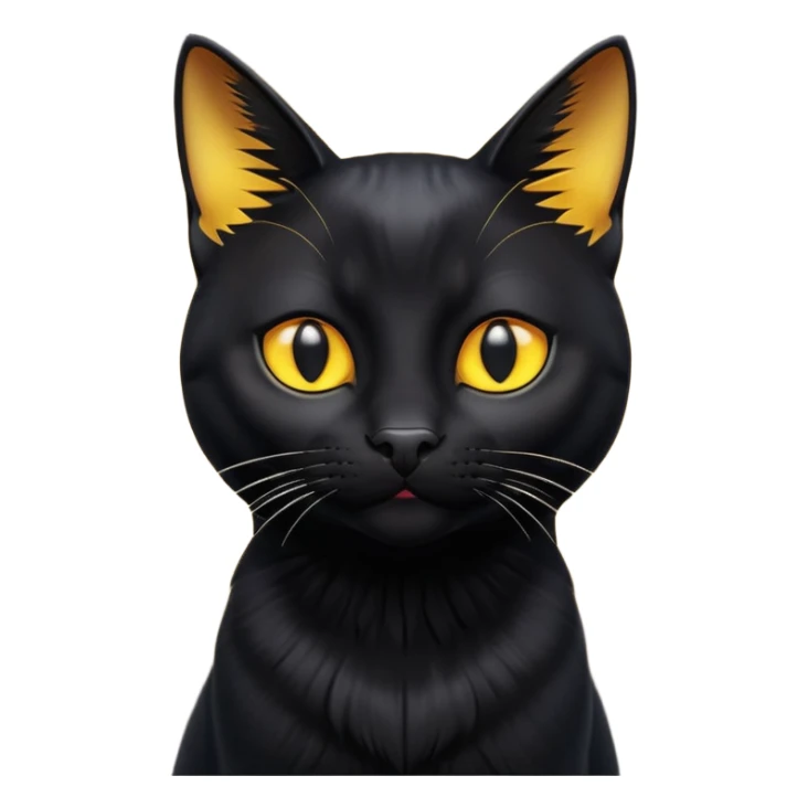 A 3D cartoon jet-black Bombay cat with glossy fur, bright golden eyes, dramatic contrast lighting, Memoji-style cinematic look. full body or half body. sticker