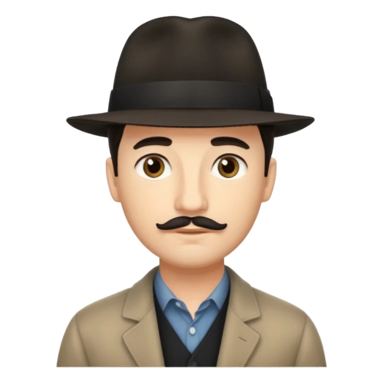 A light-skinned man with short dark hair, a thin mustache, and a black fedora, with an oval face and calm look. sticker
