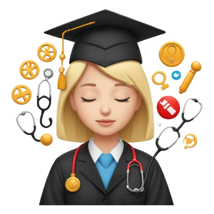 a person with closed eyes, surrounded by floating symbols of different professions sticker