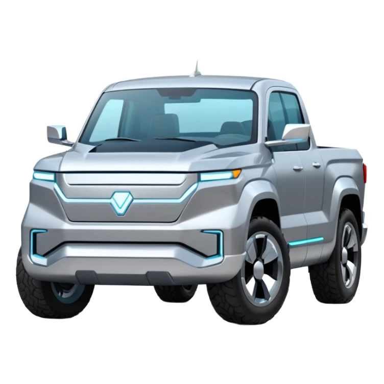 A futuristic electric pickup truck emoji, silver chrome body, angular cyber design, smooth metallic panels, subtle reflections, minimalistic proportions, iOS emoji style, centered composition, clean white background, soft lighting sticker
