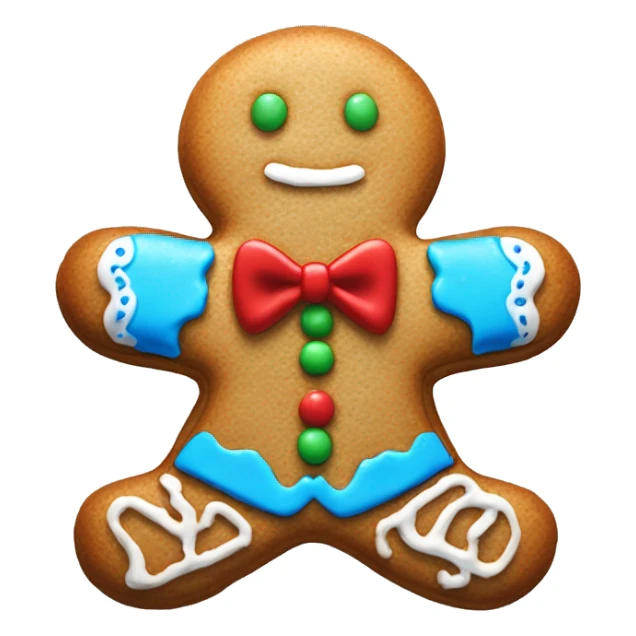 Realistic isolated gingerbread man cookie with blue frosting and bowtie sticker