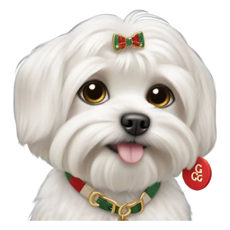 maltese dog with a gucci name tag sticker