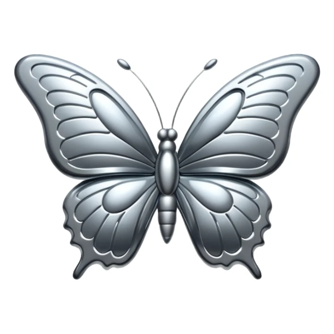 Liquid metal butterfly emoji, silver chrome material, iOS emoji style, smooth curves, reflective surface, elegant and minimal, white background sticker