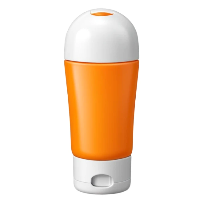sleek squeezable tube with rounded flip-top cap, bright summer colors orange yellow white, compact slightly curved shape, outdoor use, clean matte surface, lotion or cream inside, no label, no hand, no extras, soft lighting, subtle shadows, emoji scale sticker