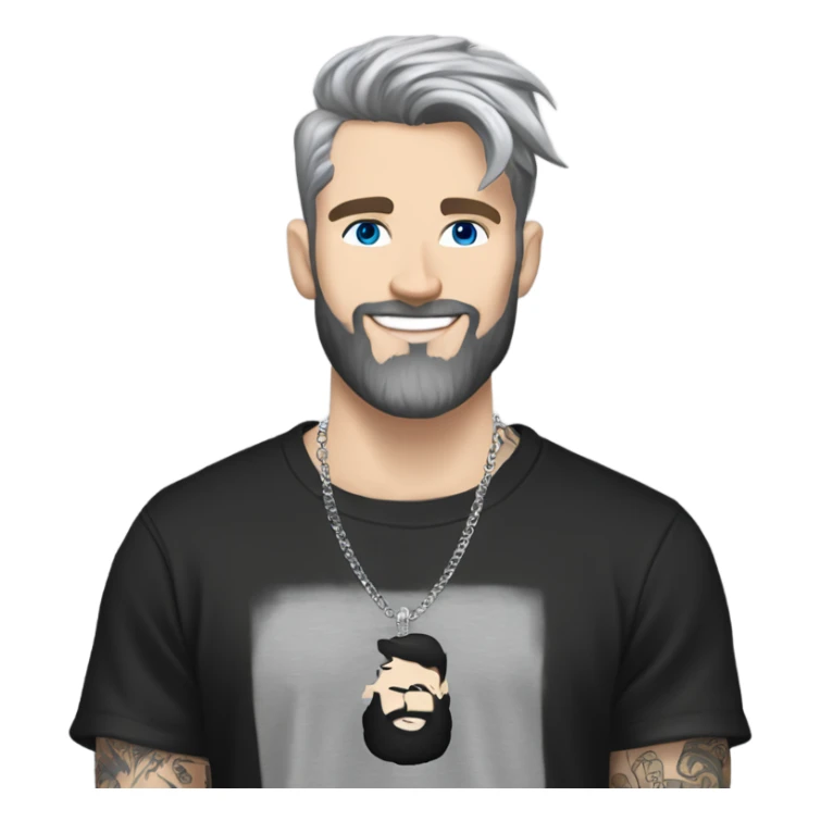 Younger white male that has grey blue eyes, dark brown hair with grey on the sides, a beard, and tattoos. He is wearing a diamond coated white gold necklace and a black punk band t-shirt while waving hello sticker