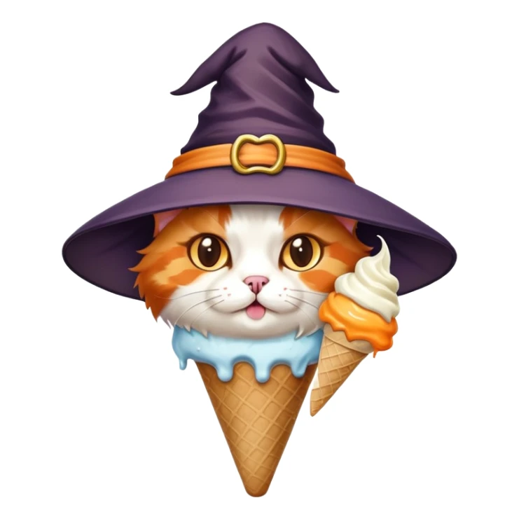 calico cat with witch hat eating icecream sticker