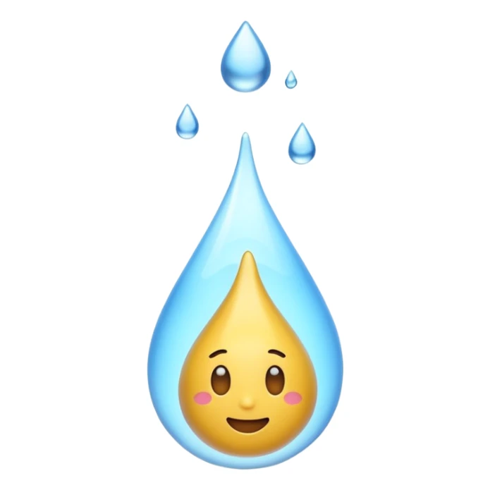 3D iPhone style emoji of a liquid drop falling, glossy and translucent, mid-air motion, isolated on white background, soft shadows, high detail, playful and cute. sticker