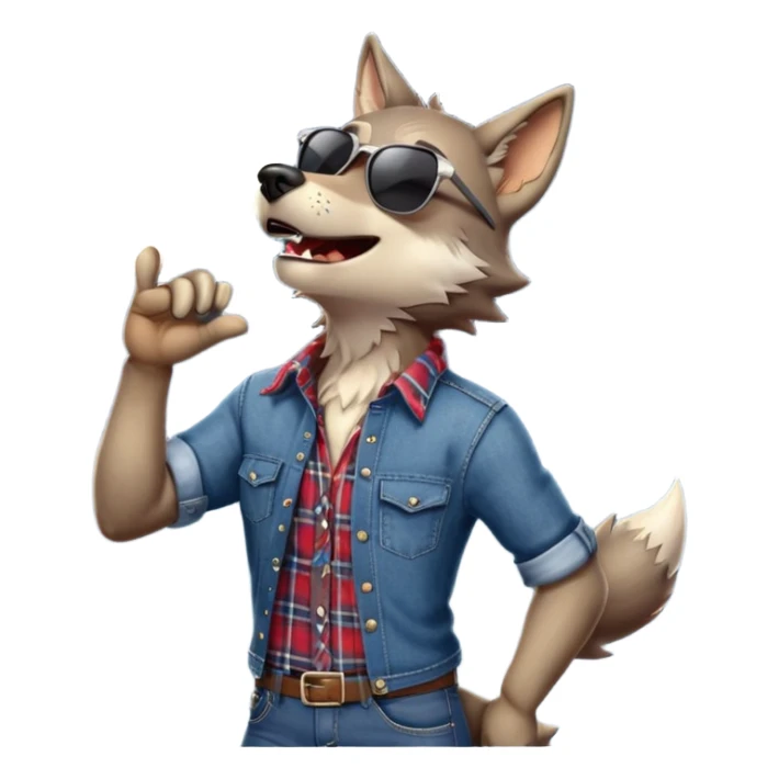 friendly anthropomorphised wolf in jeans and plaid shirt, wearing dark sunglasses, howling with the moon in the background, upright pose sticker