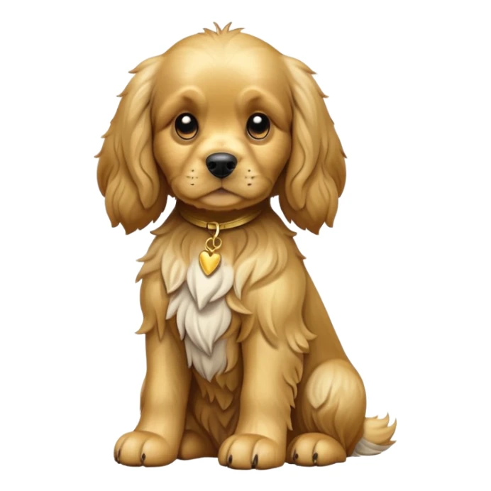 cinematic-[cocker spaniel dog]-realistic-full-body-sitting-emoji,-tail-resting-loosely-beside-its-paws,-head-tilted-dramatically,-scruffy-[solid gold]-fur,-simplified-yet-realistic-focused-features,-highly-detailed,-glowing-with-an-almost-sarcastic-glow sticker