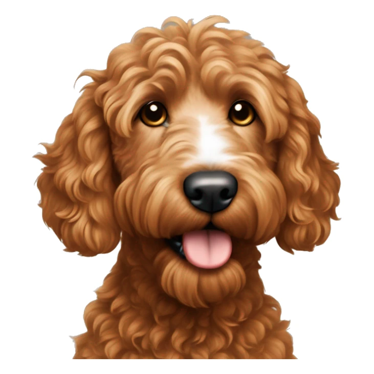 red goldendoodle with wavy hair and a white nose sticker