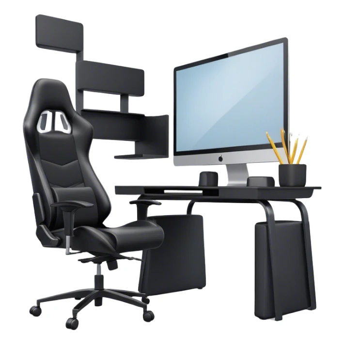 Create a 3D room in it A black and white home office workstation with a wide monitor and a laptop. Black gaming chair and without wall shelves sticker