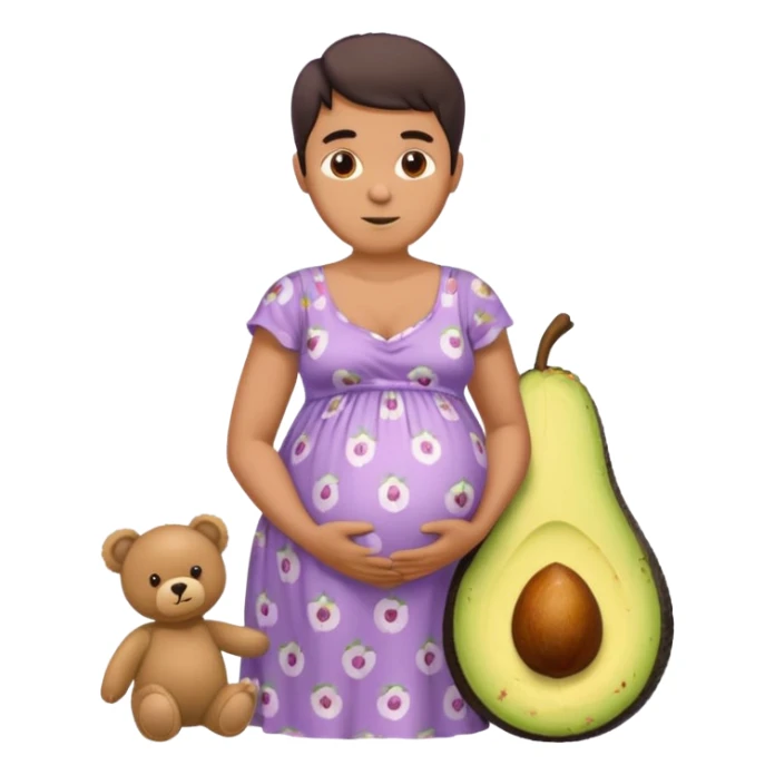 A pregnant man wearing a lilac dress with a teddy bear and avocado pattern on it. sticker