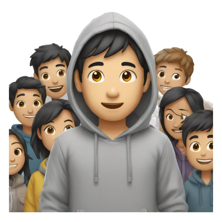 asian boy in grey hoodie and multiple friends waving sticker
