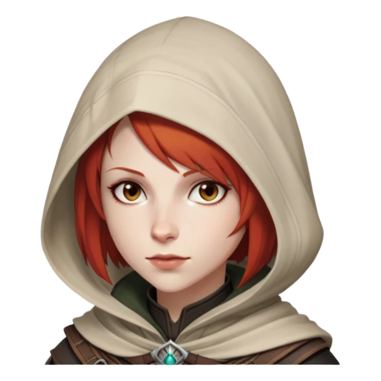 Leliana from Dragon Age with short red hair and hood sticker