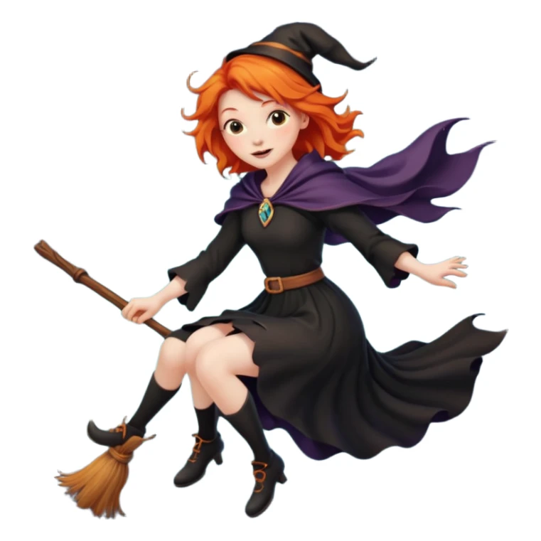 ginger witch flying on a broomstick, orange hair flowing, crescent moon background sticker
