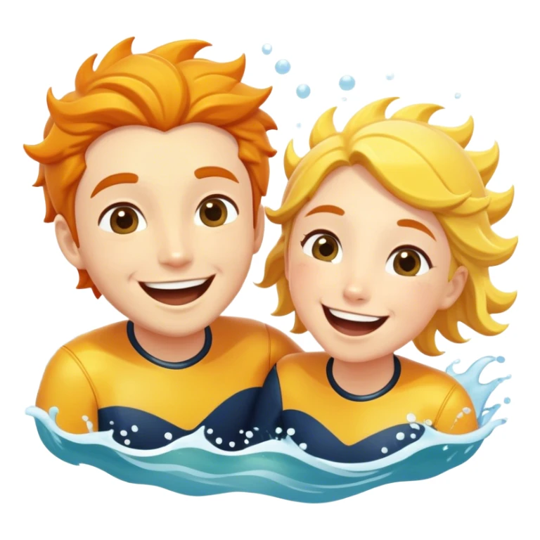 Two friends, as sea explorers, splash each other in the ocean, laughing as their eyes lock in pure joy and appreciation. The sun glistens on the water, highlighting their deep connection and the simple happiness of the moment.  sticker