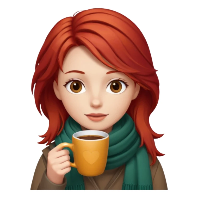 a girl drink with red layer hair, having scarf, drink coffee, enjoy sticker