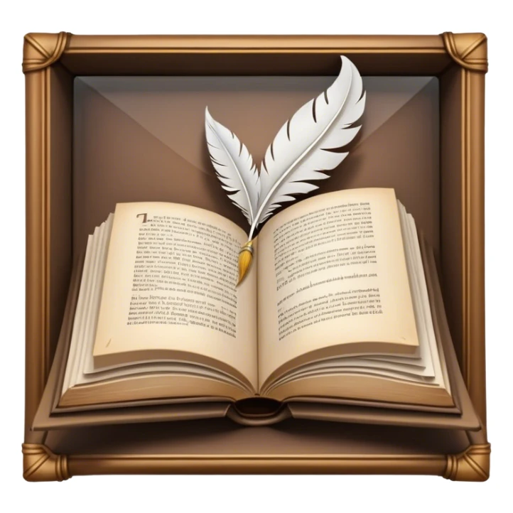 Icon for Reading Fiction: an open book with pages fluttering, surrounded by a quill, an ink bottle, and a cozy reading nook. The icon should represent the immersive world of literature and storytelling. Transparent background. sticker