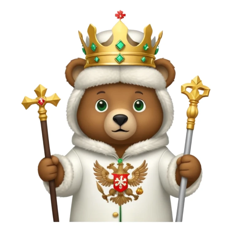 Adorable brown bear with green eyes, white ushanka hat featuring very clear and accurate Russian Federation double-headed eagle coat of arms with crowns and scepter, iOS emoji style sticker