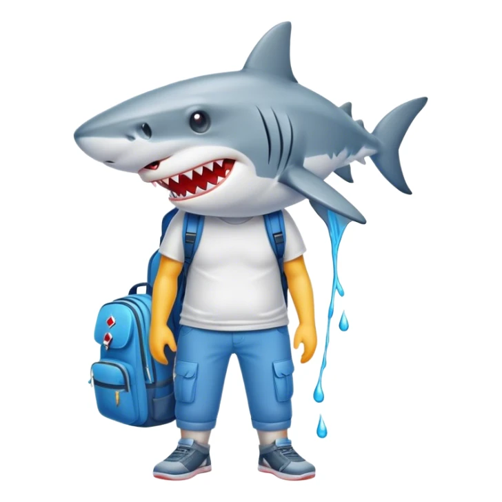 Shark with drip on and pants t shirt wearing a back pack sticker