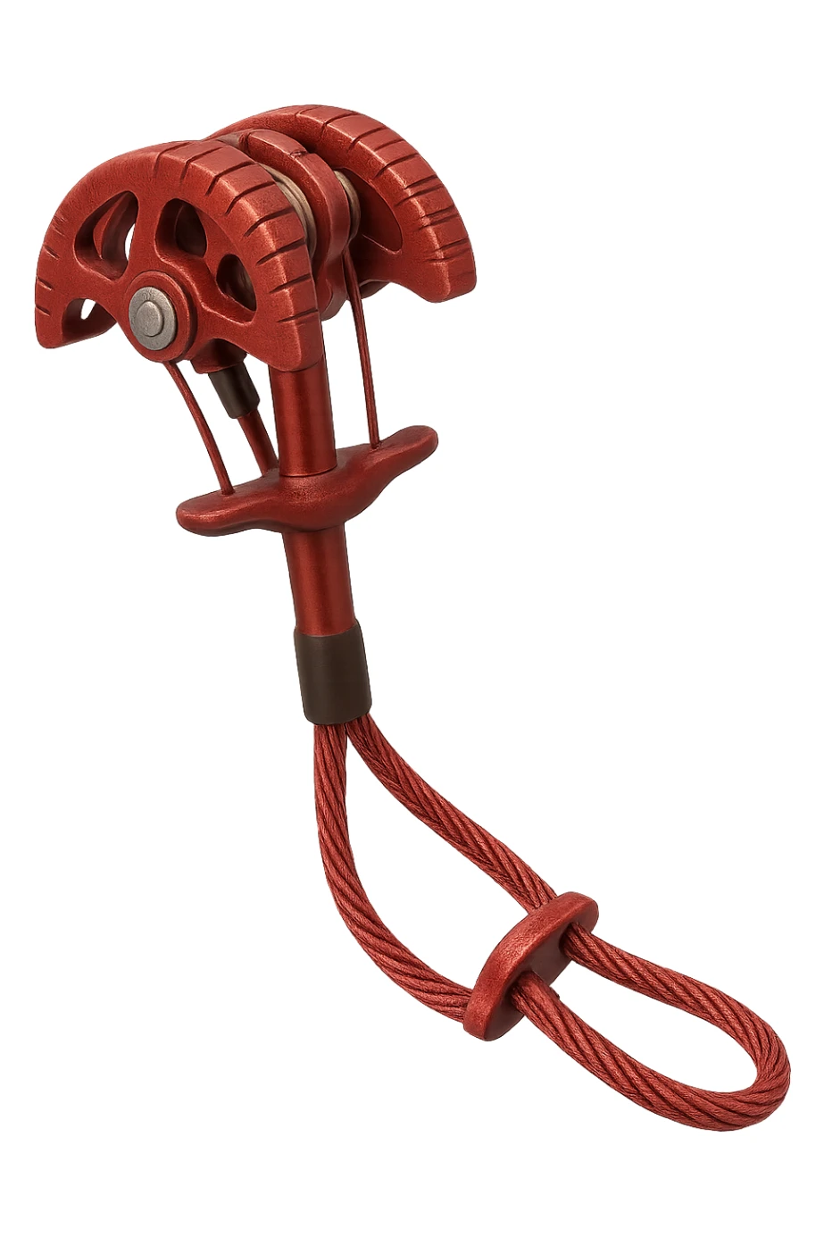 Trad climbing camming device in red, metallic, with lobes and a stem, isolated on transparent background, realistic metallic texture and details sticker