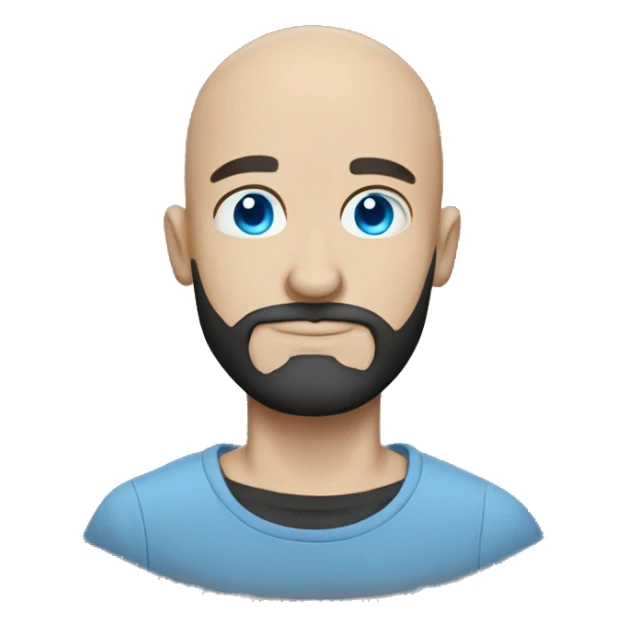 Bald guy, blue eyes, dark beard and a t-shirt with a skull on sticker