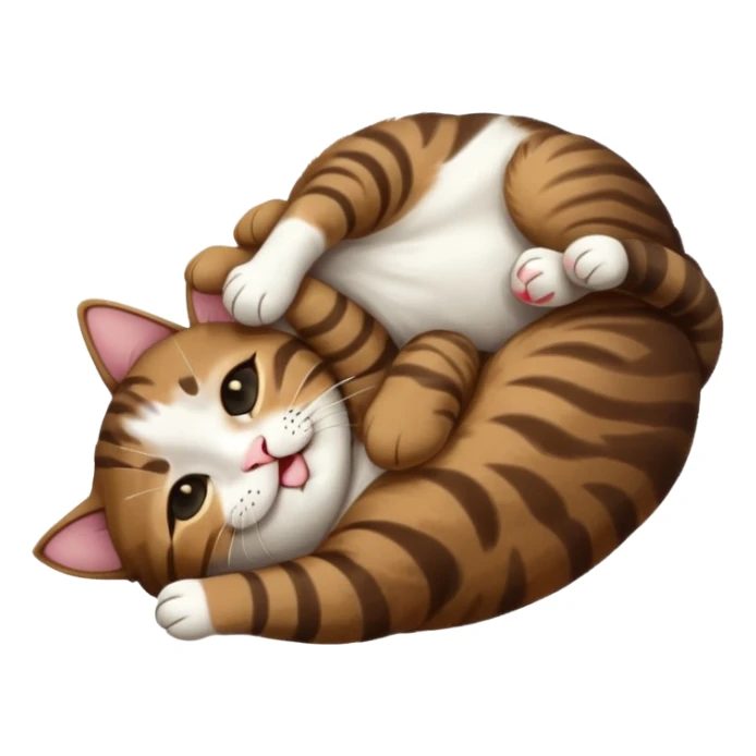dark brown tabby and white small cat in funny positions upside down with eyes closed sticker