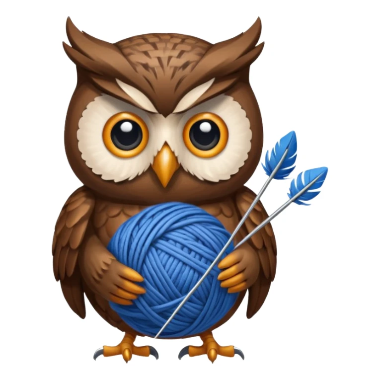 Owl holding blue yarn ball and knitting needles sticker