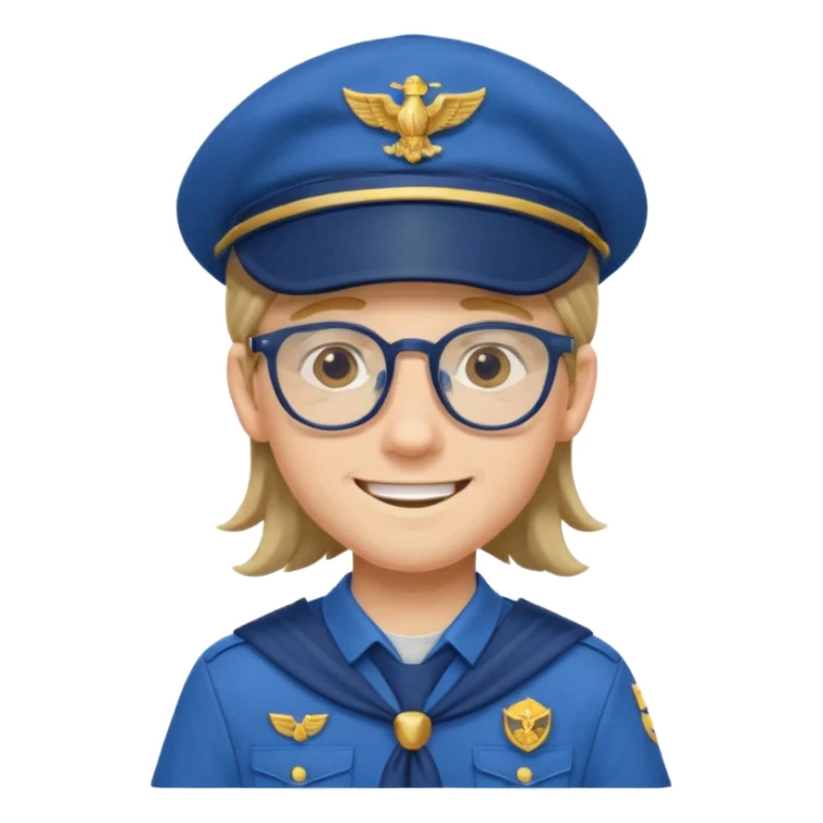 scout boy long hair spectacled blue uniform with cap sticker